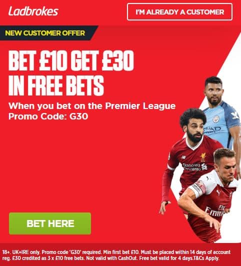 Ladbrokes £30 free bet