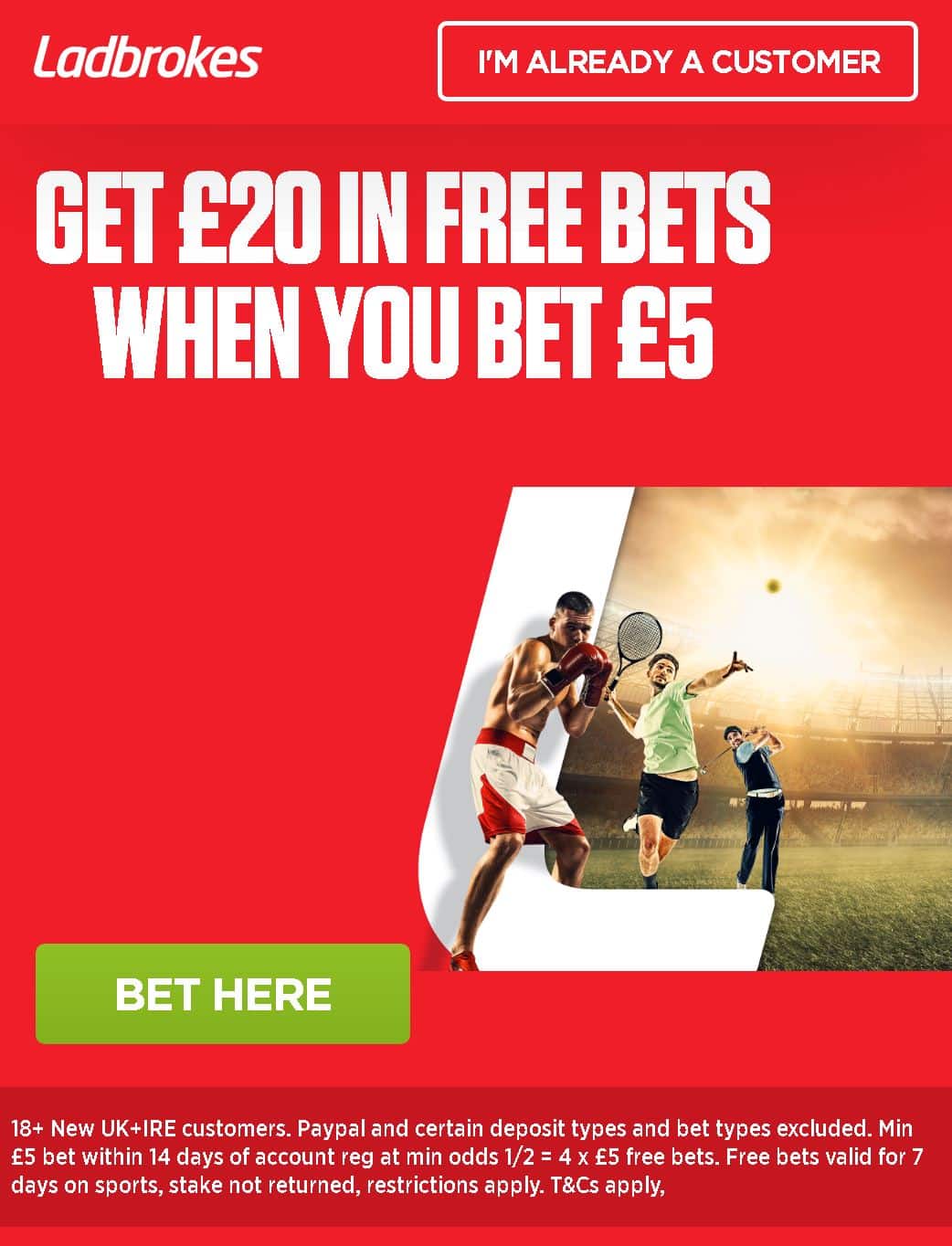 Ladbrokes Welcome Offer 2024 - Bet £5 Get £20 Free Bets Sign-up Bonus